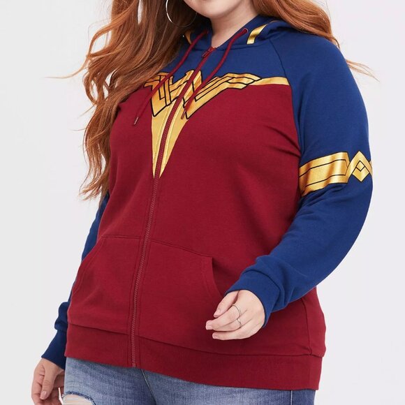 🆕️ Torrid Her Universe DC Comics Wonder Woman Red Blue Metallic Gold Zip Hoodie - Picture 2 of 9
